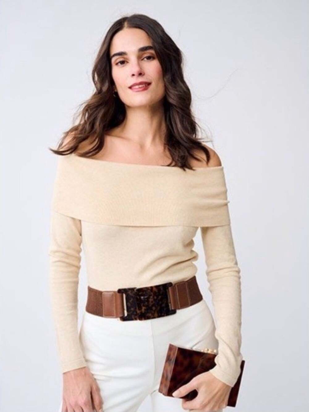 New! J McLaughlin $168 Evrima Tan Off The Shoulder Sweater Medium NWT